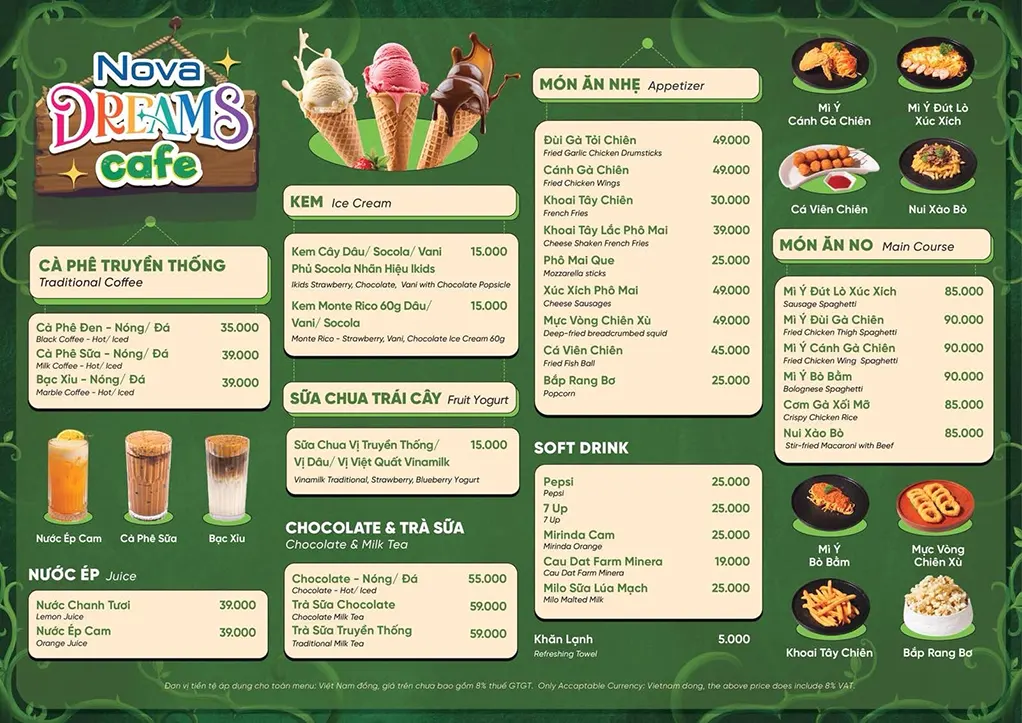 Menu Nova Dreams Cafe Dino khủng long